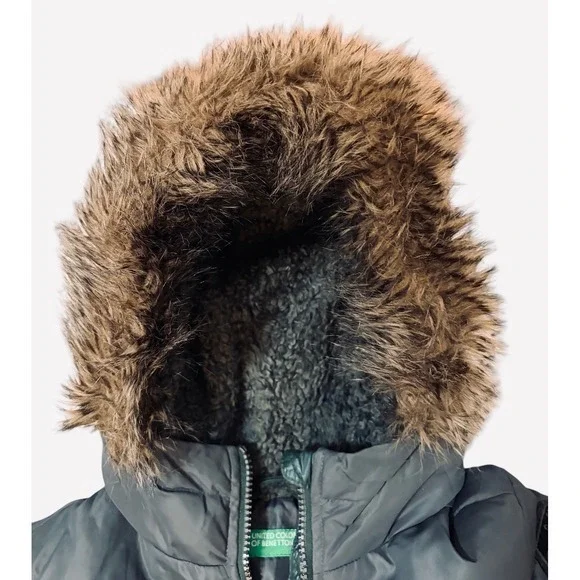 United Colors of Benetton Boys 7-8 Down Puffer Jacket Faux Fur Hood Green Grey - Picture 4 of 9